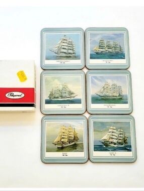 Vintage Set of 6 Pimpernel Eagl “Tall Ships” Coasters Cork back England In Box